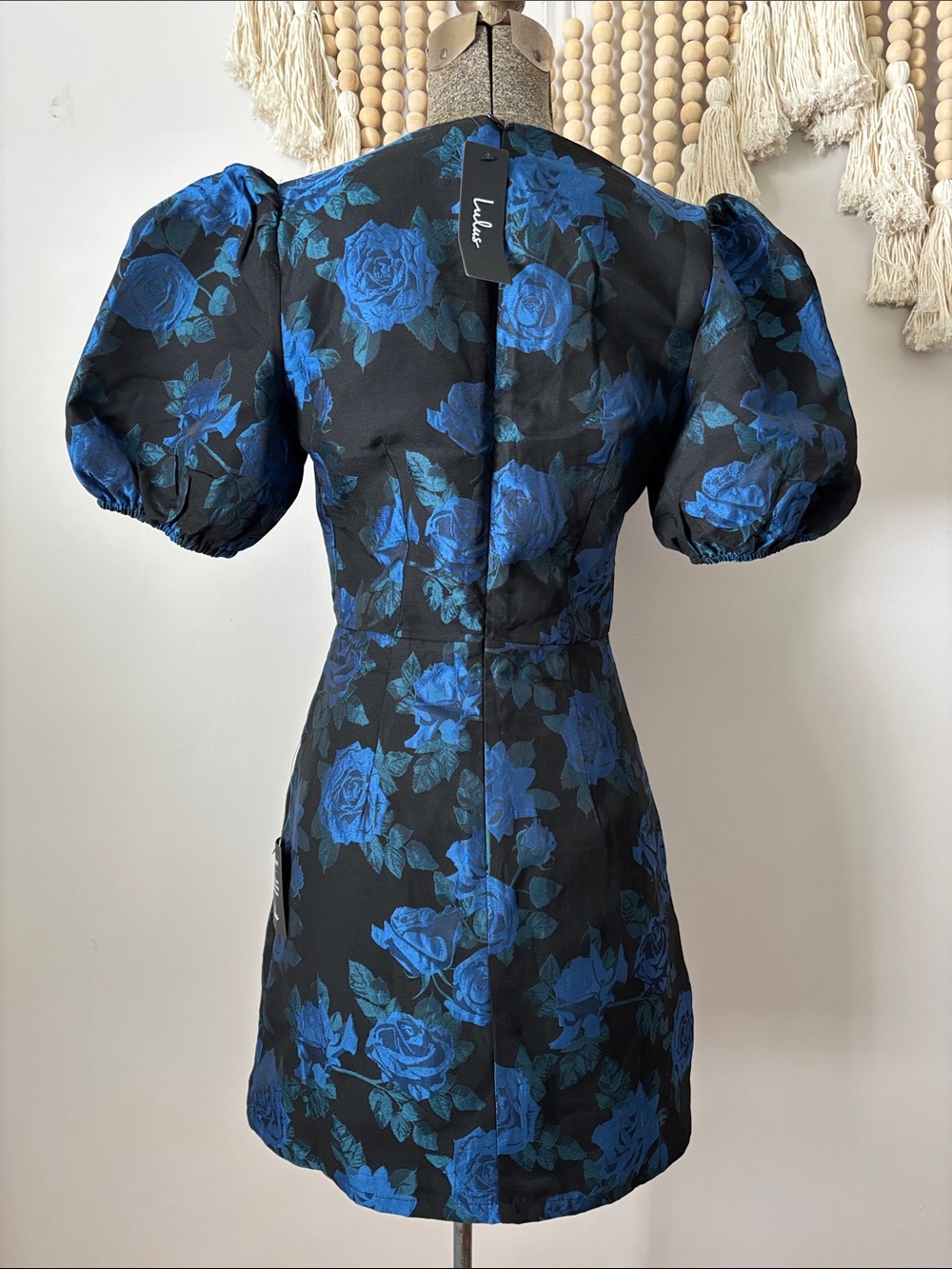 Blue Floral taffeta Puff Sleeve V-Neck Mini Dress - Picture 3 of 10